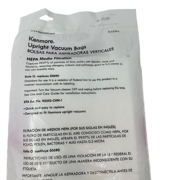 Kenmore 53294 Type O Vacuum Bags HEPA for Upright Vacuums Style - Picture 7 of 11